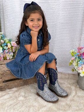 (Z1) Motasha calf-high glitter cowboy boots for Girls.Western-style riding boots